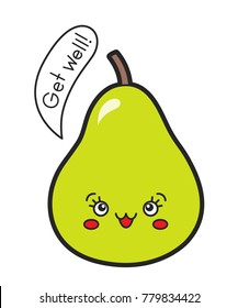 Vector illustration: a greeting card with cartoony fruit character Pear with hand drawn unique typography slogan for decoration, prints and posters. Design elements isolated on white bacground.