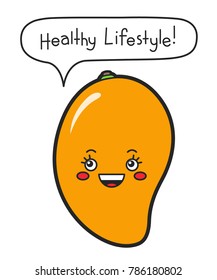 Vector illustration: a greeting card with cartoony fruit character Mango with hand drawn unique typography slogan for decoration, prints and posters. Design elements isolated on white background