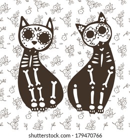 Vector illustration. Greeting card with cats, skeletons and floral background.