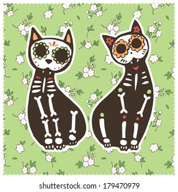 Vector illustration. Greeting card with cats, skeletons and floral background.