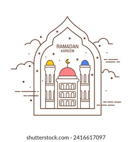 Vector illustration of greeting card celebrating the month of Ramadan Kareem designed in line art style. Suitable for posts, websites, cards, posters with Ramadan or religious themes.