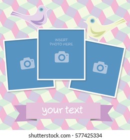 vector illustration of greeting card for celebrating Valentine's day or weddings with the image of hearts, two lovers of pigeons and picture frames