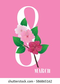 vector illustration of greeting card with cherry flowers. 8 March woman's day.