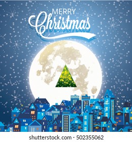 Vector illustration of greeting card Christmas snowy night a fabulously beautiful city with a huge moon and the words merry Christmas in the middle of a beautiful Christmas tree