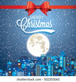 Vector illustration of greeting card Christmas snowy night a fabulously beautiful city with a huge moon and an inscription merry Christmas with a big red Christmas bow