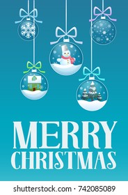 Vector illustration of greeting card and Christmas transparent glass balls with toys and decorations inside.