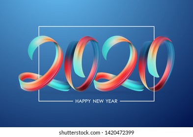 Vector illustration: Greeting card with Colorful Brushstroke paint lettering calligraphy of 2020 Happy New Year