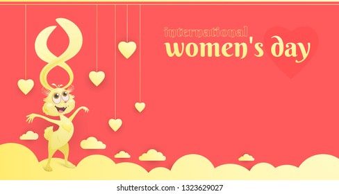 Vector illustration of a greeting card with copy space for international women's day. It shows a cute cartoon character of hare with twisted long ears. also there are hearts and clouds.