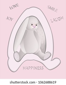 Vector illustration, greeting card cute rabbit, happiness, love, joy.