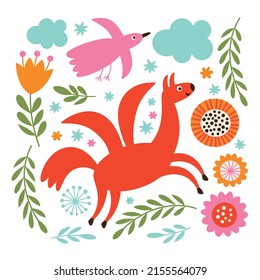 Vector illustration, greeting card with cute red horse and bird, floral pattern	
