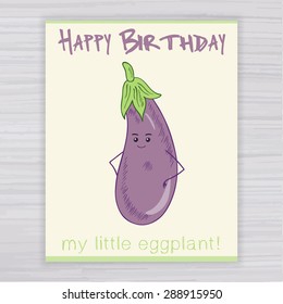 vector illustration of greeting card with cute smile eggplant on a wooden backdrop