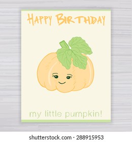 vector illustration of greeting card with cute smile pumpkin on a wooden backdrop
