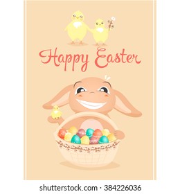 Vector illustration of greeting card with cute easter bunny and basket of easter eggs and little chickens