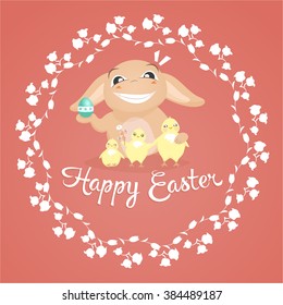 Vector illustration of greeting card with cute easter bunny with easter egg and lovely little chickens