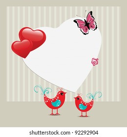 Vector illustration of a greeting card with decorative love birds and copy space in heart shape with butterfly for Valentines Day and other occasions.