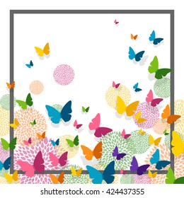 Vector Illustration of a Greeting Card Design with Colorful Paper Butterflies and Floral Elements