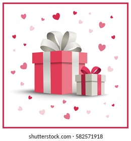 Vector Illustration of a Greeting Card Design with Gift Boxes and Heart Confetti