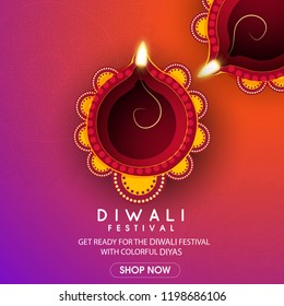 Vector illustration or greeting card of Diwali festival with stylish beautiful oil lamp and Diwali elements,Diwali SALE, Diwali Special offer background.