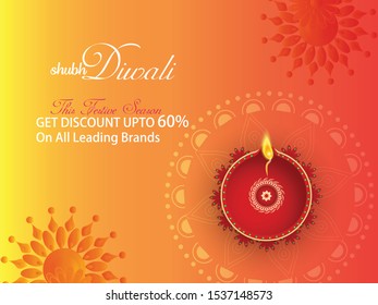 Vector illustration or greeting card of Diwali festival with stylish beautiful oil lamp and Diwali elements,Diwali SALE, Diwali Special offer background.