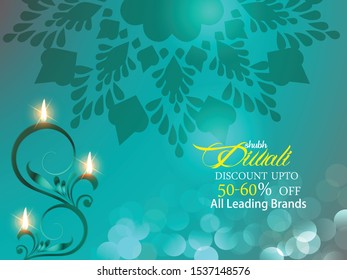 Vector illustration or greeting card of Diwali festival with stylish beautiful oil lamp and Diwali elements,Diwali SALE, Diwali Special offer background.