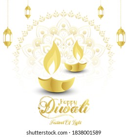 Vector illustration or greeting card of Diwali festival with stylish beautiful oil lamp and Diwali elements,Diwali SALE, Diwali Special offer background.