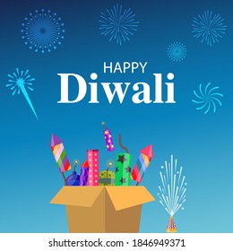 Ilustración vectorial o tarjeta de saludo del festival Diwali con petardos y elementos de la caja de regalo y Diwali, Diwali SALE, Diwali Special offer Background.