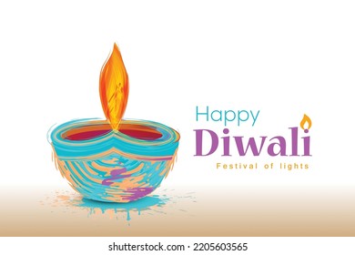 Vector illustration or greeting card of Diwali festival with stylish beautiful oil lamp,