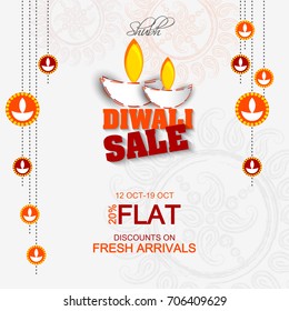 Vector illustration or greeting card of Diwali festival with stylish beautiful oil lamp and Diwali elements,Diwali SALE, Diwali Special offer background.