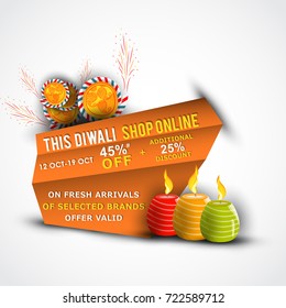 Vector illustration or greeting card of Diwali festival with stylish beautiful oil lamp and Diwali offer elements. 