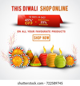 Vector illustration or greeting card of Diwali festival with stylish beautiful oil lamp and Diwali offer elements. 