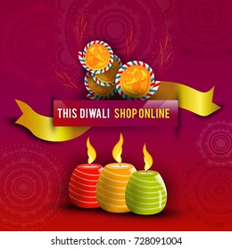 Vector illustration or greeting card of Diwali festival with stylish beautiful oil lamp and Diwali elements,Diwali SALE, Diwali Special offer background.