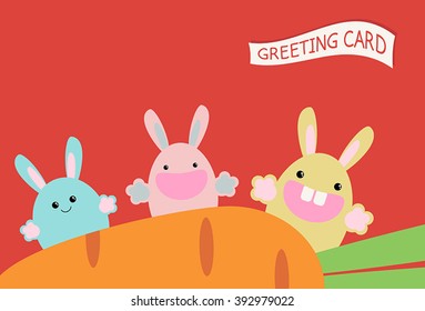 Vector illustration, greeting card, Easter. Modern style design elements of the 
cheerful cartoon rabbit, hare, carrot.