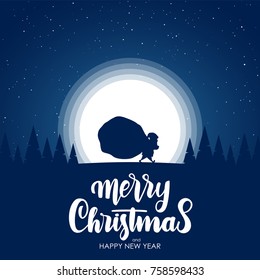 Vector illustration: Greeting card with flat cartoon scene. Silhouette of Santa Claus carries a heavy sack full of gifts in forest on moon background.