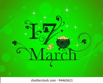 Vector illustration of greeting card with floral  decorative design text 17 March  on wave background for St. Patrick's Day.