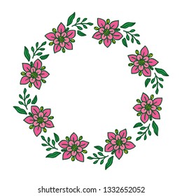 Vector illustration greeting card with frame flower pink and leaf green hand drawn