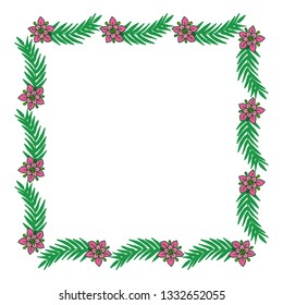 Vector illustration greeting card with frame flower pink and leaf green hand drawn