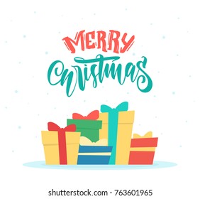 Vector illustration: Greeting card with gift boxes and hand drawn lettering of Merry Christmas