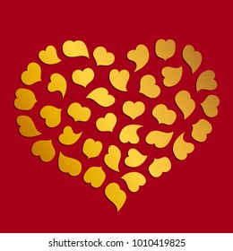 Vector illustration: a greeting card with golden gradient heart shape of little petals for decoration, prints and posters. Design elements isolated on bright red background for Valentine's Day.