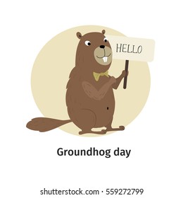 Vector illustration. Greeting card. Groundhog Day. Cartoon character.