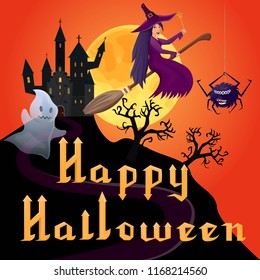 
Vector illustration, greeting card for Halloween with cartoon characters witch spider and ghost. An inscription with a lamp jack. Stylish design