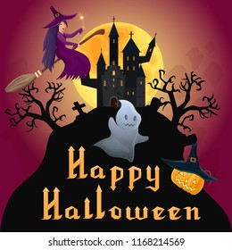 Vector illustration, greeting card for Halloween with cartoon characters witch spider and ghost. An inscription with a lamp jack. Stylish design