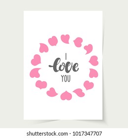 Vector illustration: a greeting card with hand drawn typography slogan with pink garland of hearts for decoration, prints and posters isolated on white background for Valentine's Day or Wedding party.