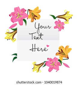 Vector illustration of greeting card with hand drawn lily flowers. White background.
