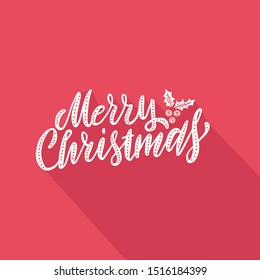 Vector illustration Greeting card with hand lettering type of Merry Christmas on red paper background with falling shadow.