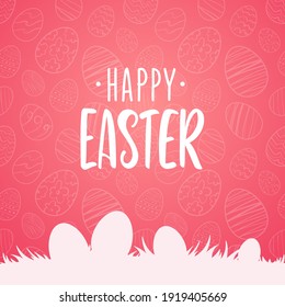 Ilustración del vector: Tarjeta de saludo con letras de Happy Easter dibujadas a mano con silueta de huevos sobre el césped sobre fondo rosa. 