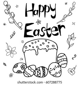 Vector Illustration Greeting Card with Hand Drawing Icons and Written Letters for Happy Easter 