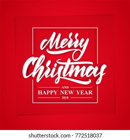 Vector illustration: Greeting card with hand lettering type of Merry Christmas and Happy New Year on red paper background