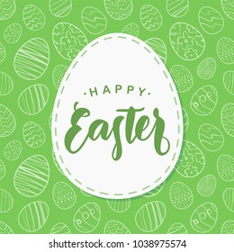 Vector illustration: Greeting card with handwritten lettering of Happy Easter   on hand drawn eggs background