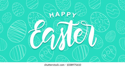 Vector illustration: Greeting card with handwritten lettering of Happy Easter   on blue hand drawn eggs background