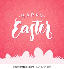 Vector illustration: Greeting card with handwritten type lettering of Happy Easter and silhouette of eggs on grass on pink background.  